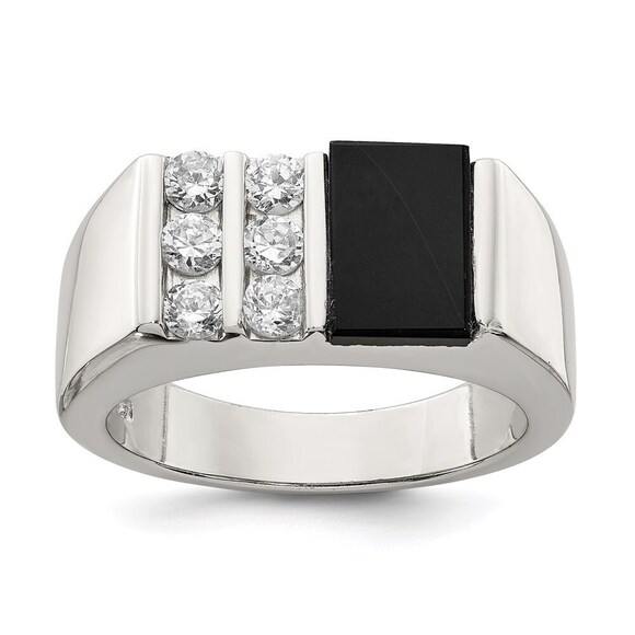 925 Sterling Silver Genuine Fine Jewelry Rhodium-plated Men'sCZ & Onyx Ring